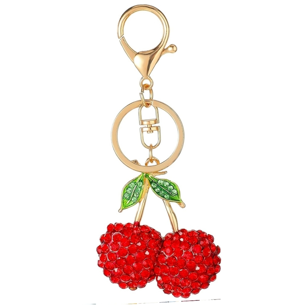 Red Cherry Bling Keychain with Gold Accents